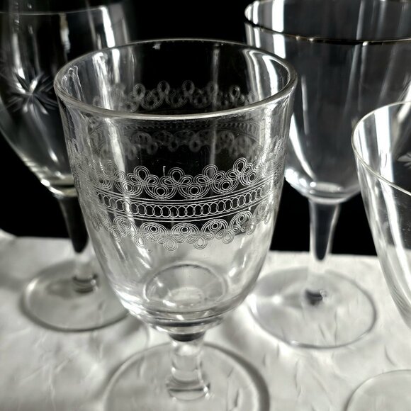 Mismatched Wine Cocktail Glasses set/4 vtg mixed silver rim etch glassware party - Picture 7 of 10